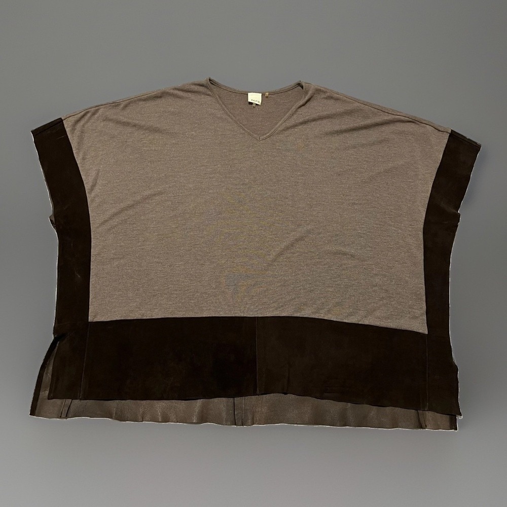 Ecru Womens Brown Taupe Knit Genuine Suede V-Neck Pullover Poncho XS Anthologie